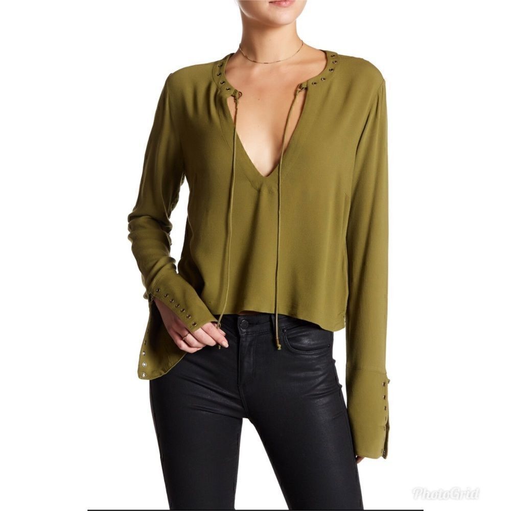Revolve FREE PEOPLE JUMP TO THE BEAT Tie Neck Stud Detail Bell Sleeve Boho Top